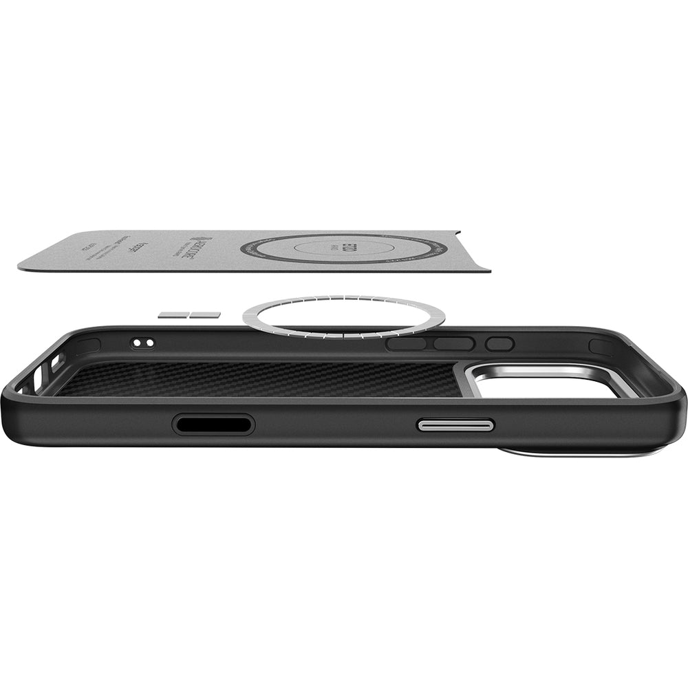 Handyhülle für iPhone 17 Pro Max, Spigen Enzo Aramid T Mag (CC) mit MagSafe, Schwarz-Silbern