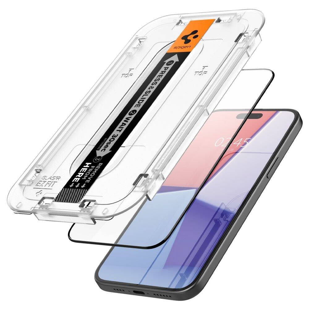 Glas für die Schutzhülle Spigen Glas.tR EZ Fit FC 2-Pack für iPhone 15 Plus, mit schwarzem Rahmen