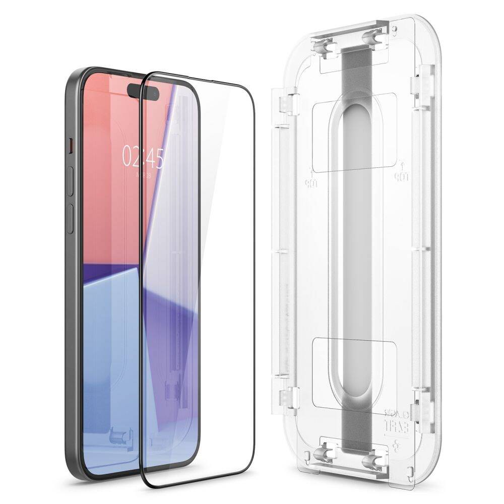 Glas für die Schutzhülle Spigen Glas.tR EZ Fit FC 2-Pack für iPhone 15 Plus, mit schwarzem Rahmen