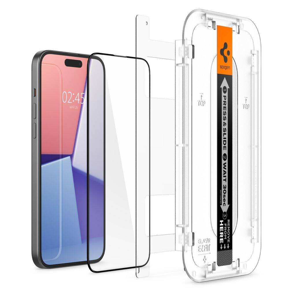 Glas für die Schutzhülle Spigen Glas.tR EZ Fit FC 2-Pack für iPhone 15 Plus, mit schwarzem Rahmen