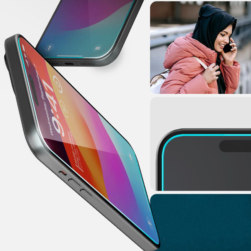 Glas für die Schutzhülle Spigen Glas.tR EZ Fit FC 2-Pack für iPhone 15 Plus, mit schwarzem Rahmen