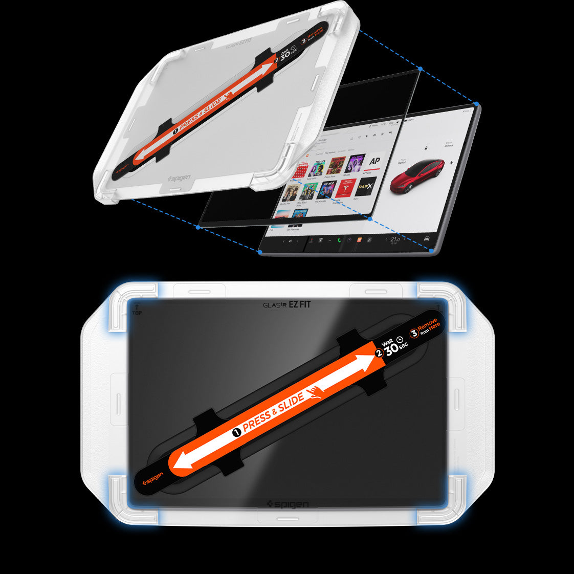 Glas für Tesla Model 3 2024-2026 / Y 2024-26, Spigen Glas.tR EZ Fit FC AC 1-Pack, Schwarzer Rahmen