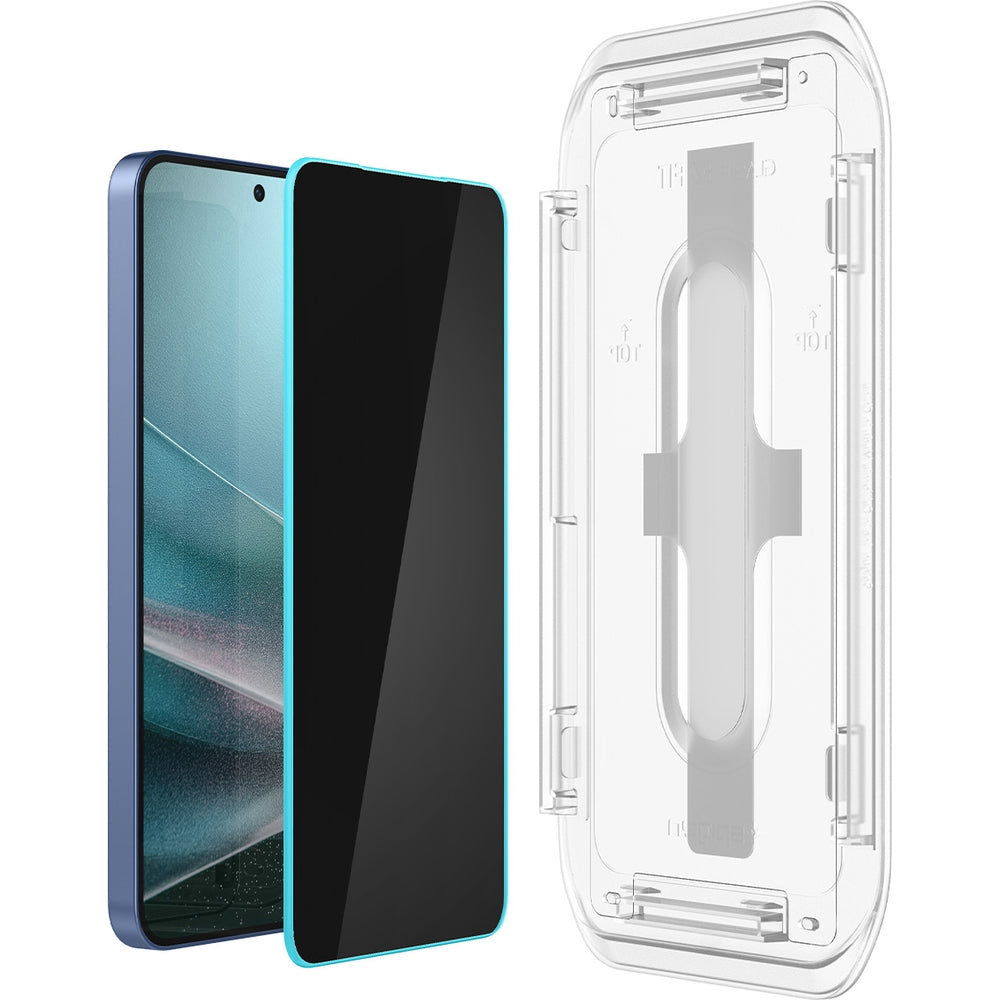 Spigen Glas.tR EZ Fit Privacy glass for Galaxy S25 Plus/S24 Plus, showcasing installation tool and tempered glass.