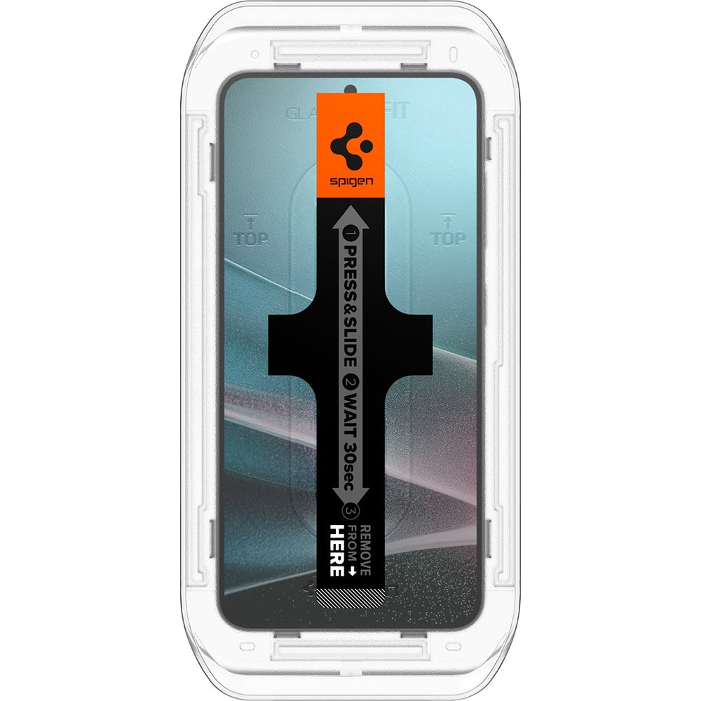 Spigen Glas.tR EZ Fit Privacy installation kit for Galaxy S25 Plus and S24 Plus, featuring easy application instructions.