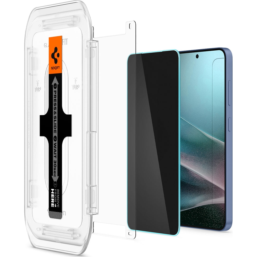 Spigen Glas.tR EZ Fit Privacy 2-Pack for Galaxy S25 Plus/S24 Plus, showing installation tools and privacy glass.