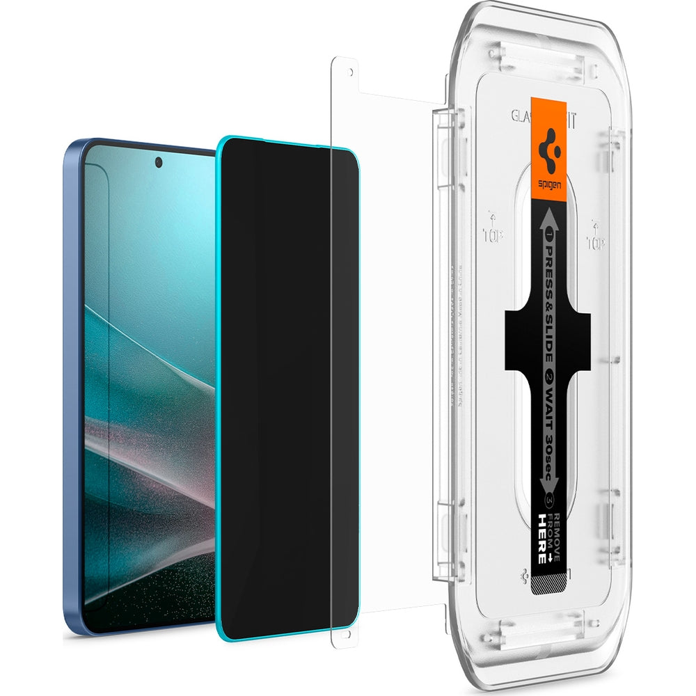 Spigen Glas.tR EZ Fit Privacy 2-Pack for Galaxy S25 Plus and S24 Plus, featuring easy installation and durable protection.