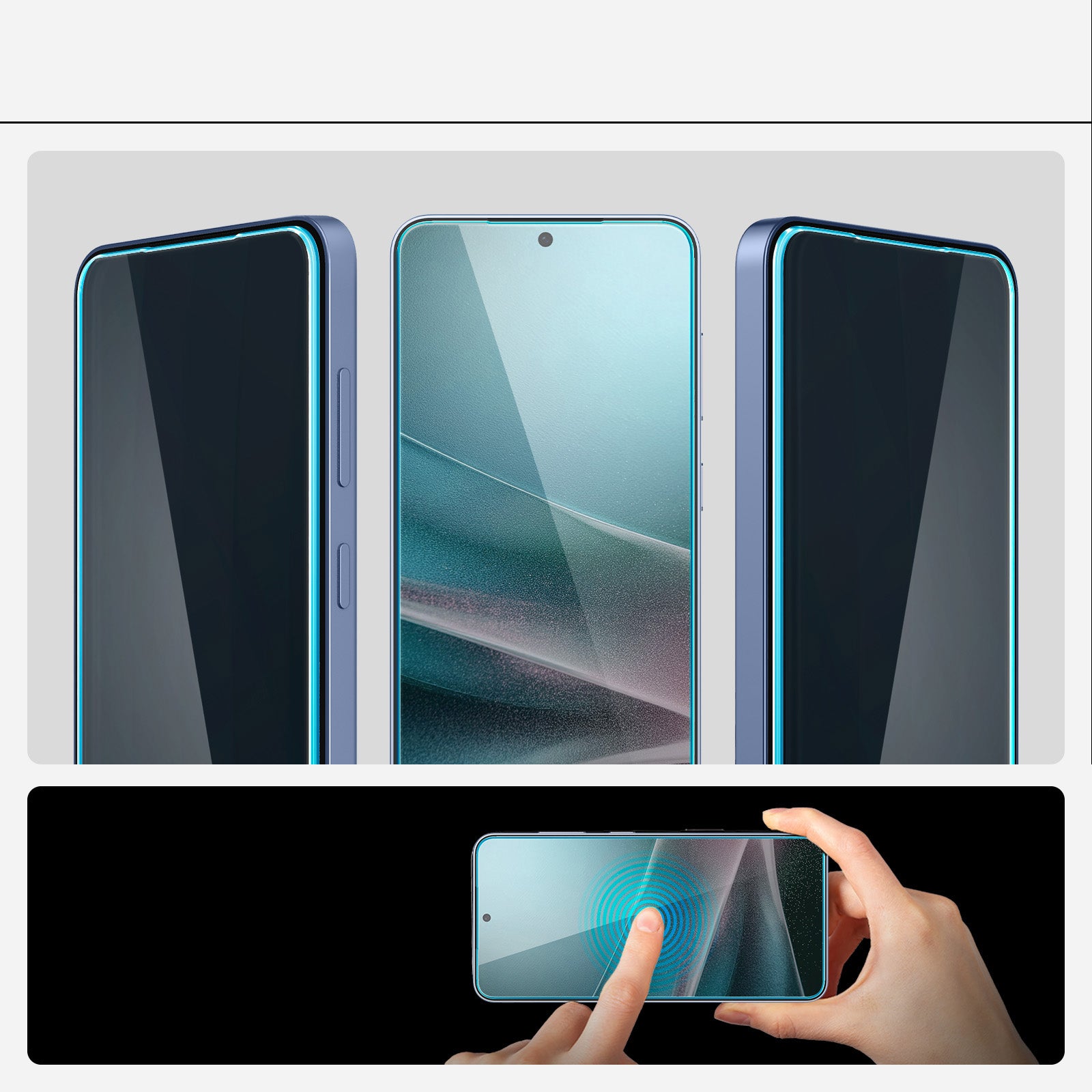 Spigen Glas.tR EZ Fit Privacy for Galaxy S25 Plus and S24 Plus, showcasing screen protection and user interaction.