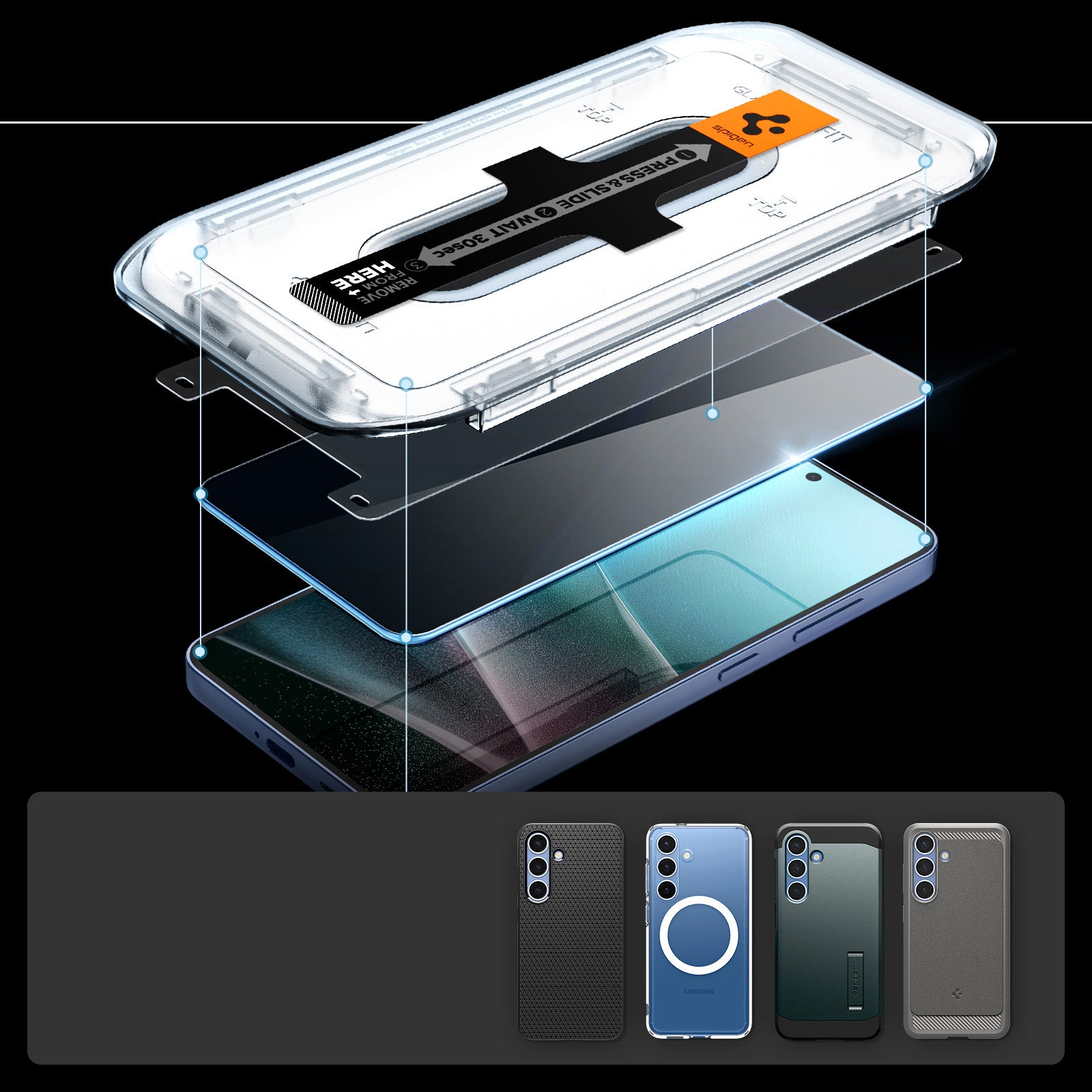 Spigen Glas.tR EZ Fit Privacy 2-Pack for Galaxy S25 Plus/S24 Plus, showcasing installation layers and protective cases.