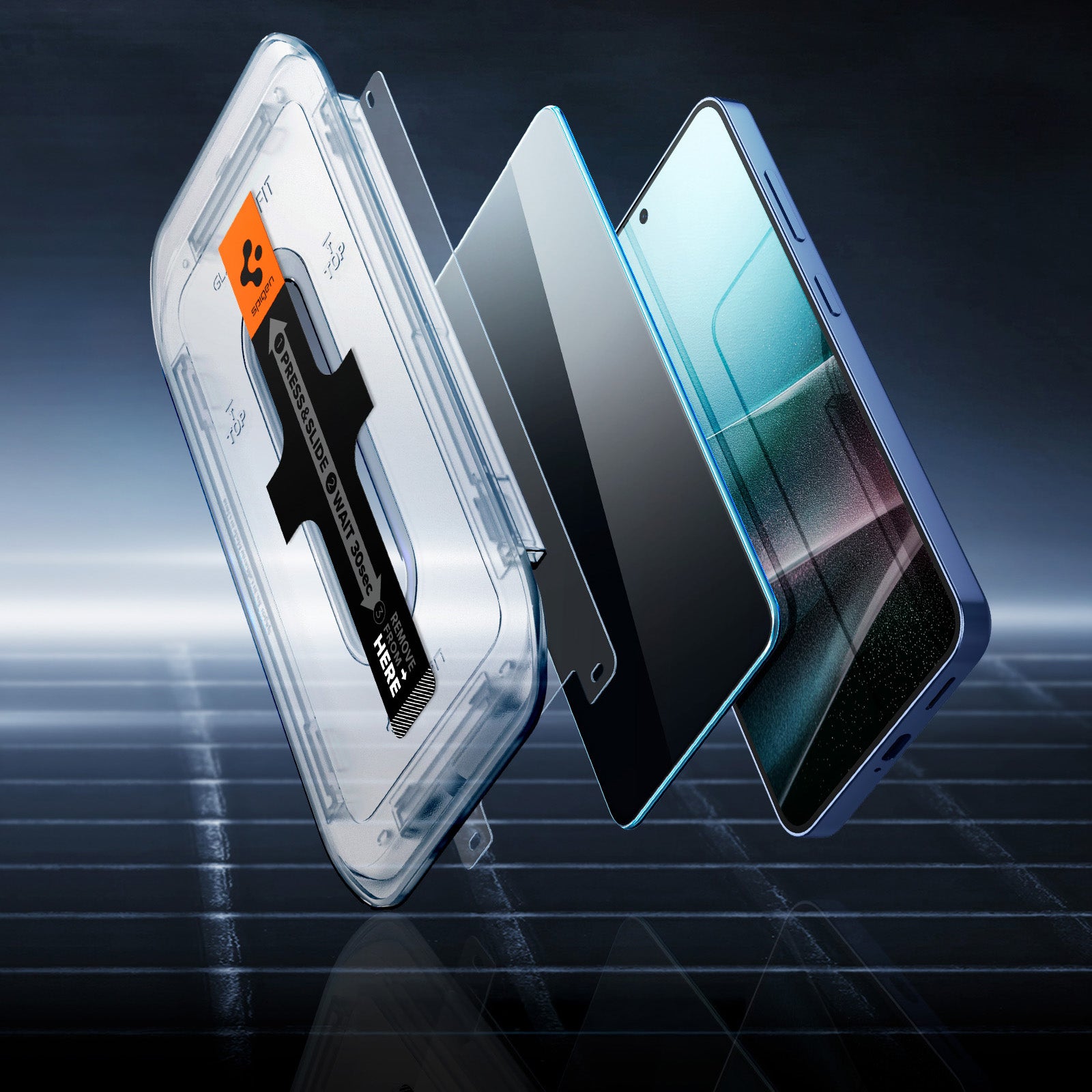 Spigen Glas.tR EZ Fit Privacy Glass for Galaxy S25/S24 Plus, showcasing two sheets of tempered glass and installation tools.