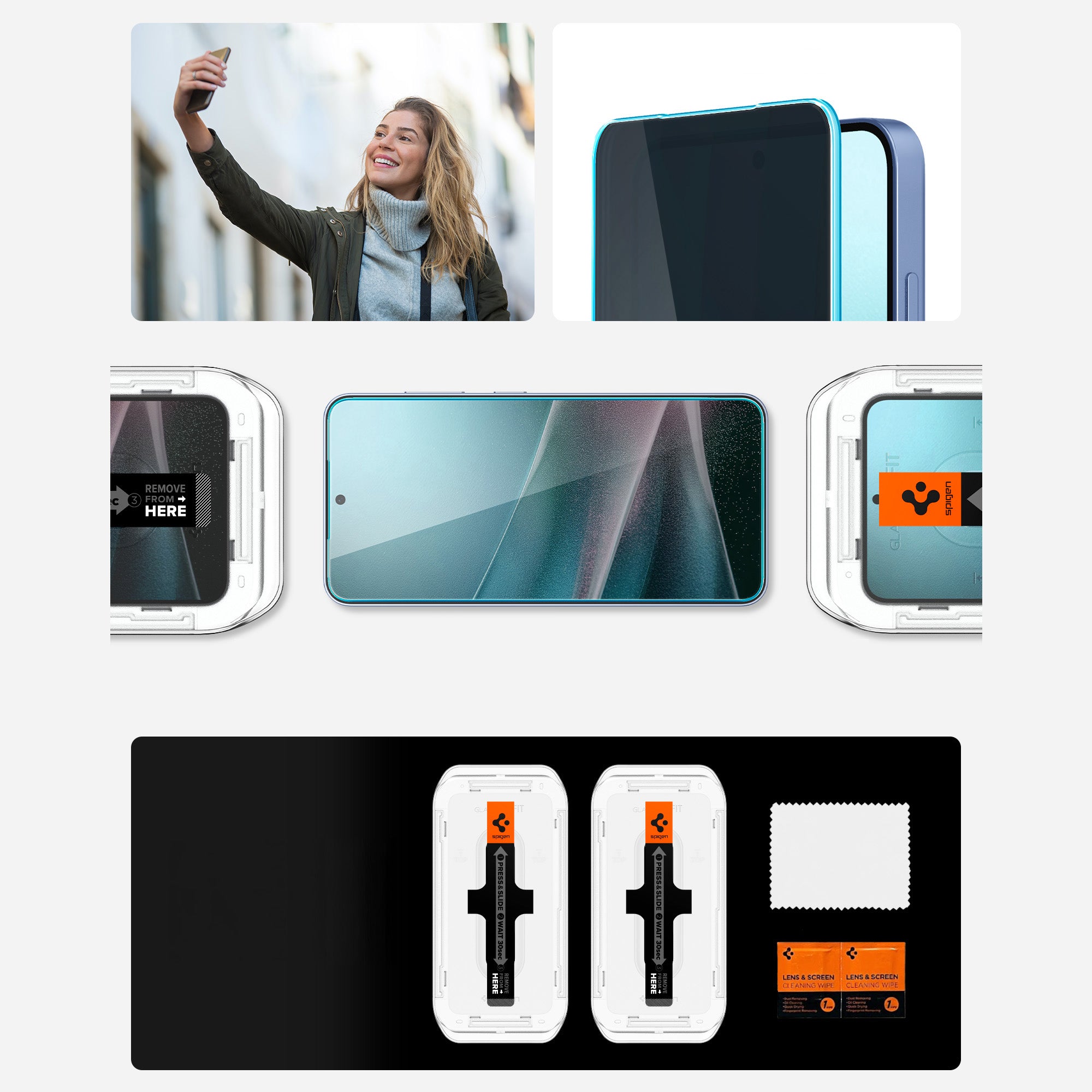 Image displaying Spigen Glas.tR EZ Fit Privacy 2-Pack for Samsung Galaxy S25 Plus and S24 Plus with easy installation kit.