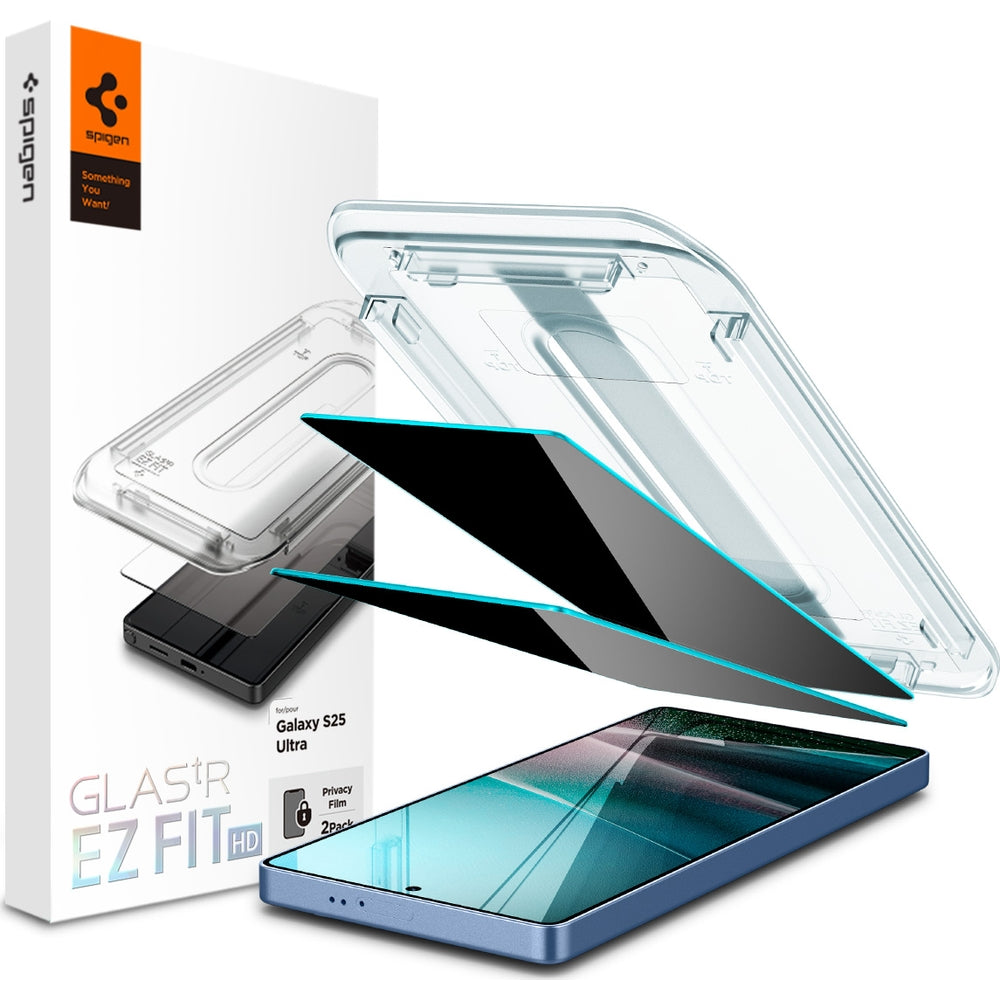 Spigen Glas.tR EZ Fit Privacy 2-Pack for Galaxy S25 Ultra, featuring privacy filter and 9H hardness.