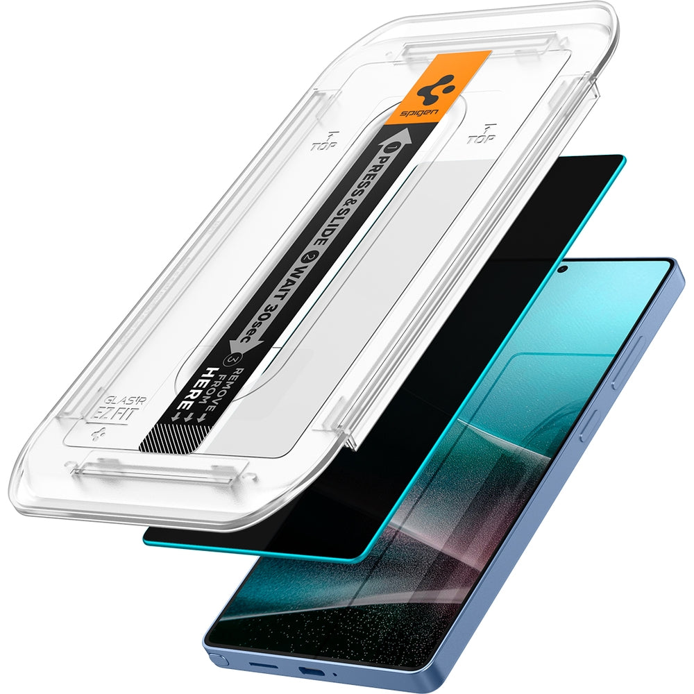 Spigen Glas.tR EZ Fit Privacy 2-Pack for Galaxy S25 Ultra with installation tray and privacy screen.