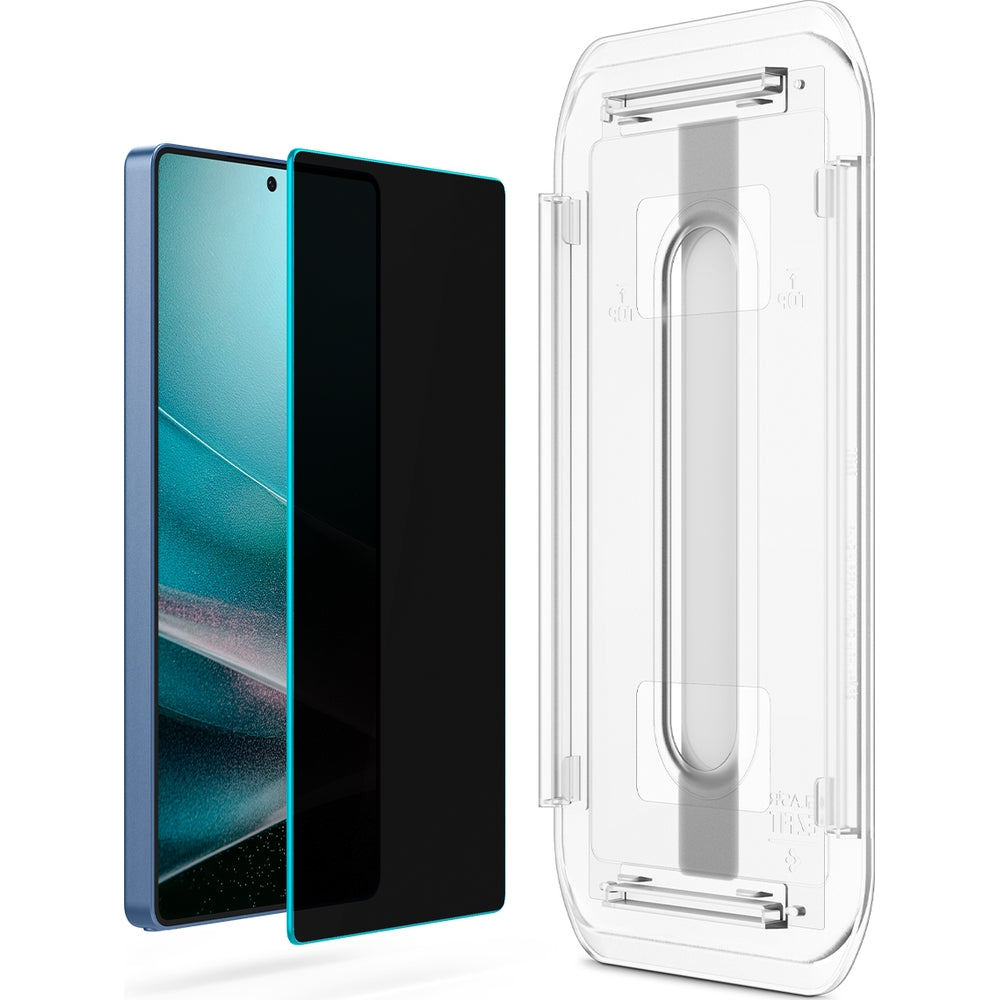 Spigen Glas.tR EZ Fit Privacy screen protector for Galaxy S25 Ultra, featuring privacy filter and installation tray.