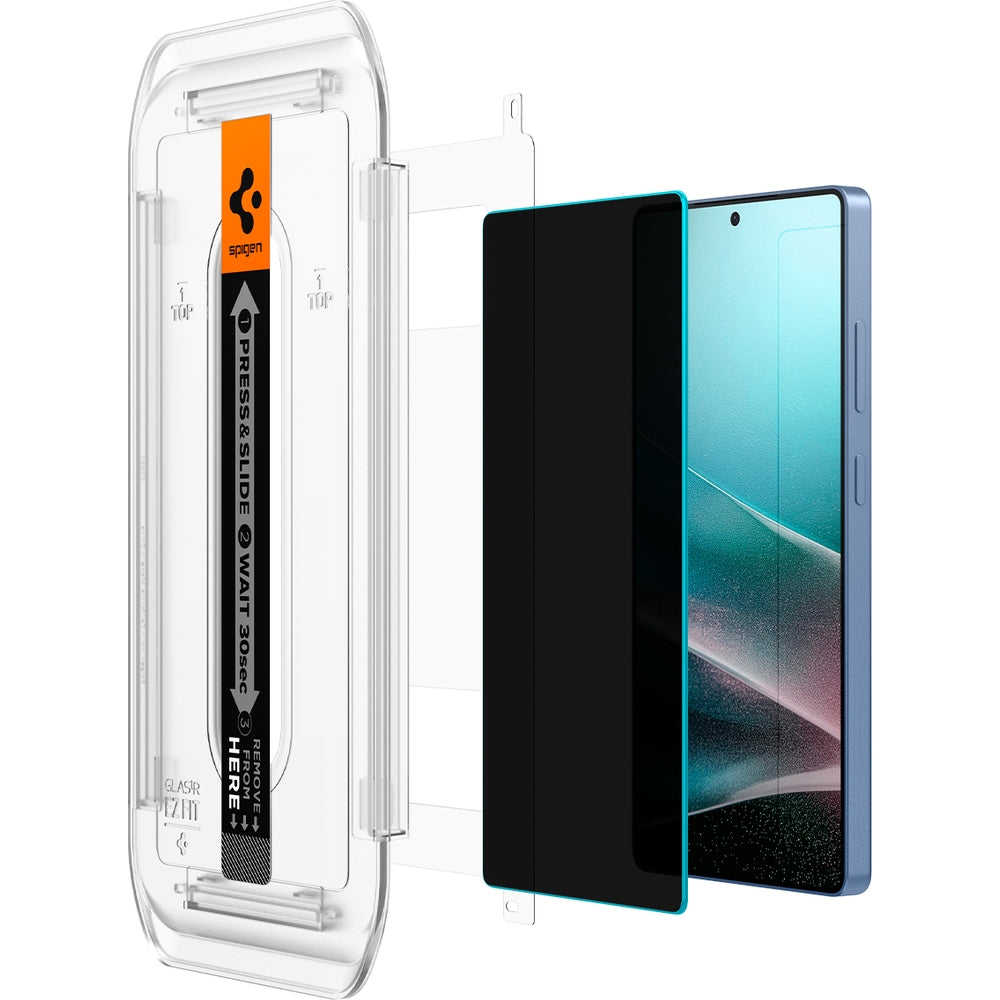 Spigen Glas.tR EZ Fit Privacy 2-Pack for Galaxy S25 Ultra with installation tool and tempered glass screen protector.