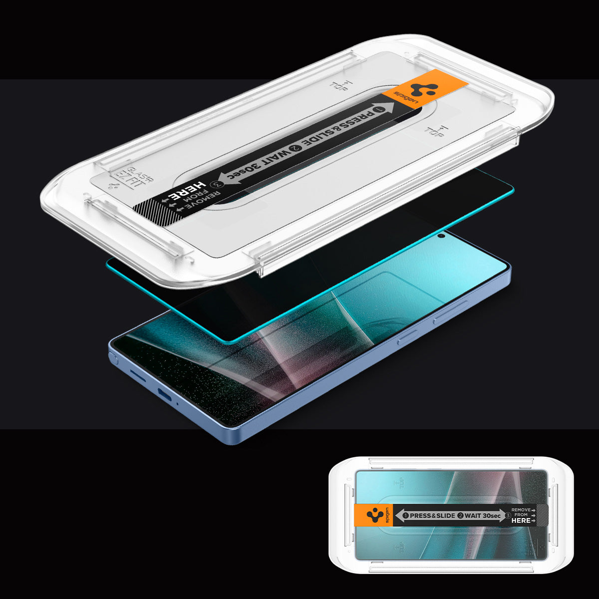 Spigen Glas.tR EZ Fit Privacy for Galaxy S25 Ultra, showcasing 2-pack tempered glass with installation tray.