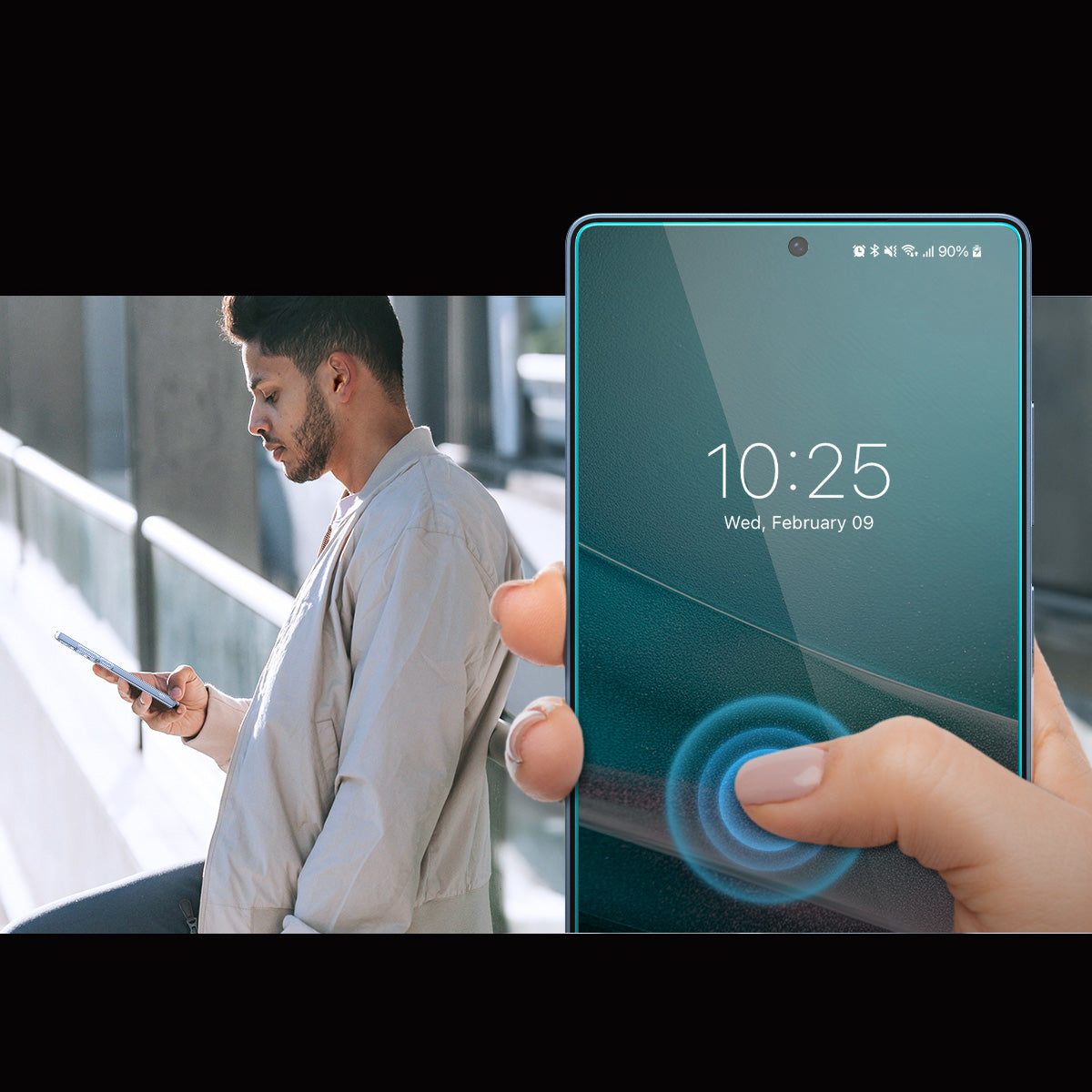 Man using a smartphone in a modern setting, displaying the time and fingerprint unlock feature.