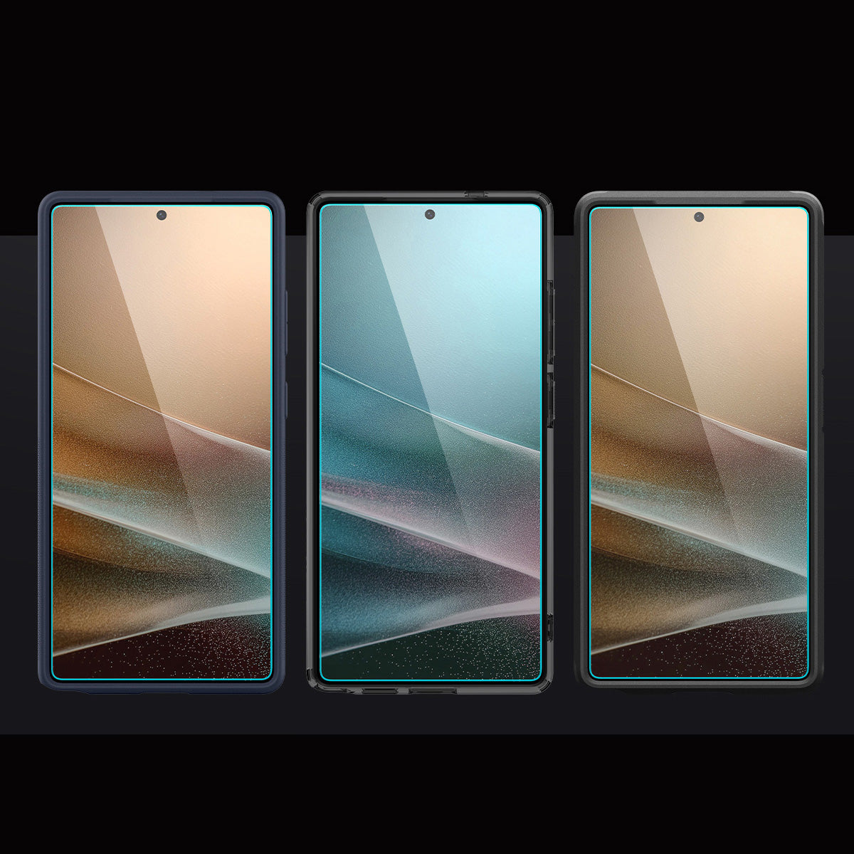 Drei Samsung Galaxy S25 Ultra Smartphones mit Spigen Glas.tR EZ Fit Privacy Schutzgläsern in verschiedenen Blickwinkeln.