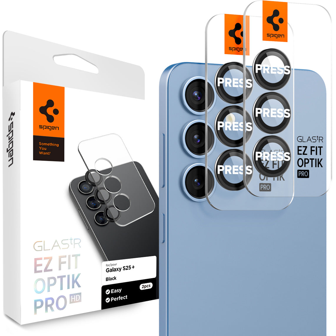 Glas für die Kamera für Galaxy S25 Plus, Spigen Glas.tR EZ Fit Optik Pro 2-Pack, Schwarz