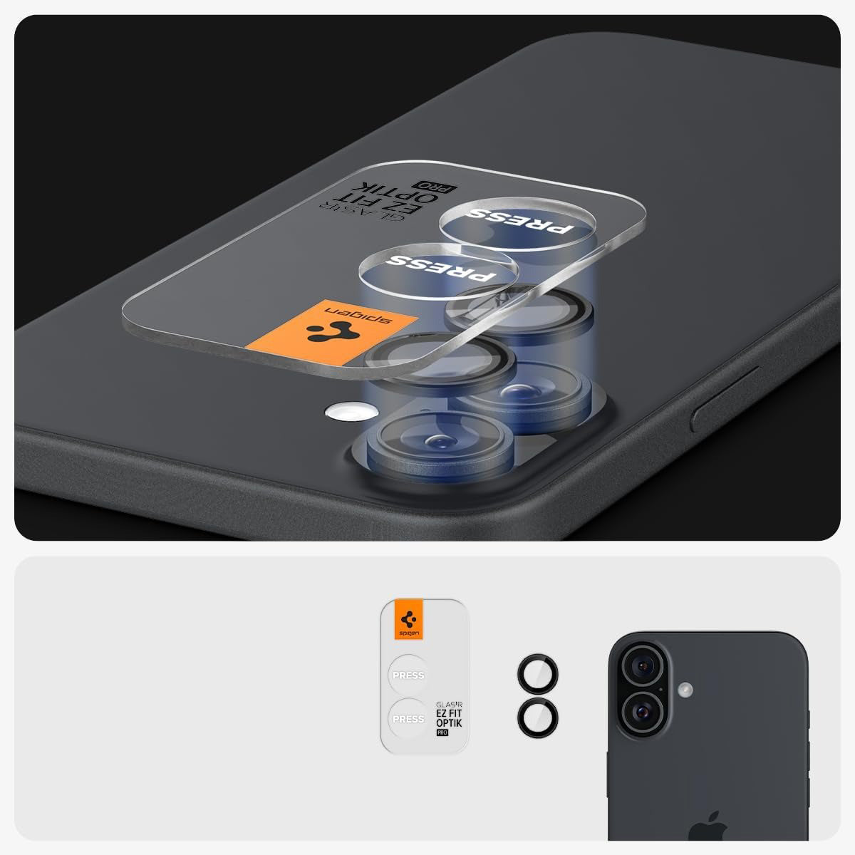 Glas für die Kamera Spigen Glas.tR EZ Fit Optik Pro 2-Pack für iPhone 16 / 16 Plus, Schwarz