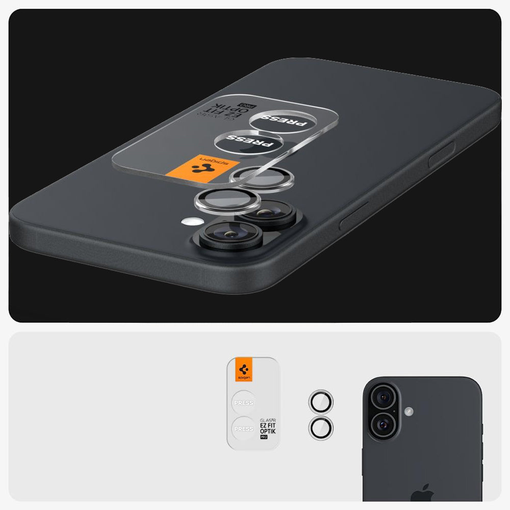 Glas für die Kamera Spigen Glas.tR EZ Fit Optik Pro 2-Pack für iPhone 16 / 16 Plus, Schwarz-Transparent