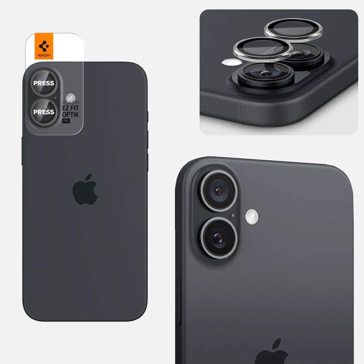 Glas für die Kamera Spigen Glas.tR EZ Fit Optik Pro 2-Pack für iPhone 16 / 16 Plus, Schwarz-Transparent