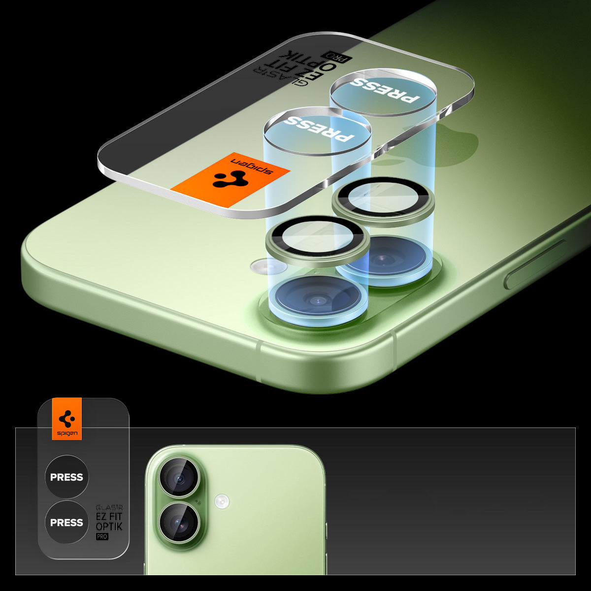 Glas für die Kamera Spigen Glas.tR EZ Fit Optik Pro 2-Pack für iPhone 17 / 16 Plus / 16, Schwarz-Grün