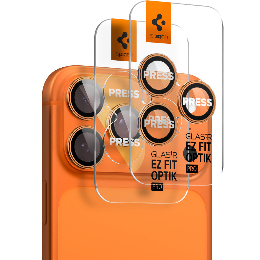 Glas für die Kamera für iPhone 17 Pro Max - 14 Pro, Spigen Glas.tR Ez Fit Optik Pro 2-Pack, Schwarz-Orange