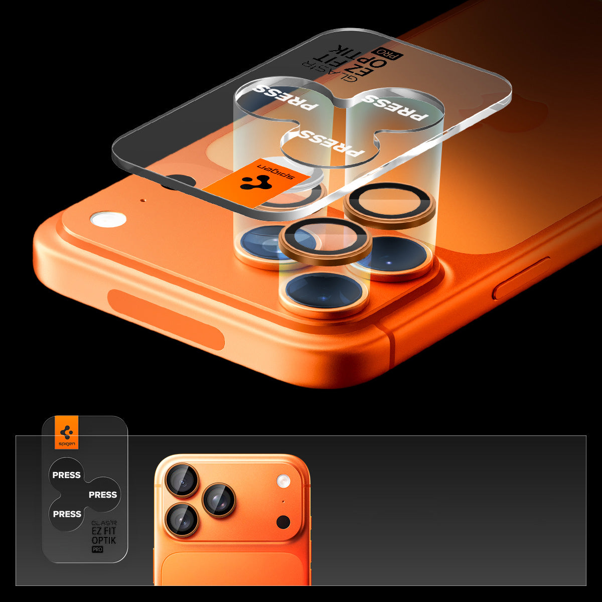Glas für die Kamera für iPhone 17 Pro Max - 14 Pro, Spigen Glas.tR Ez Fit Optik Pro 2-Pack, Schwarz-Orange