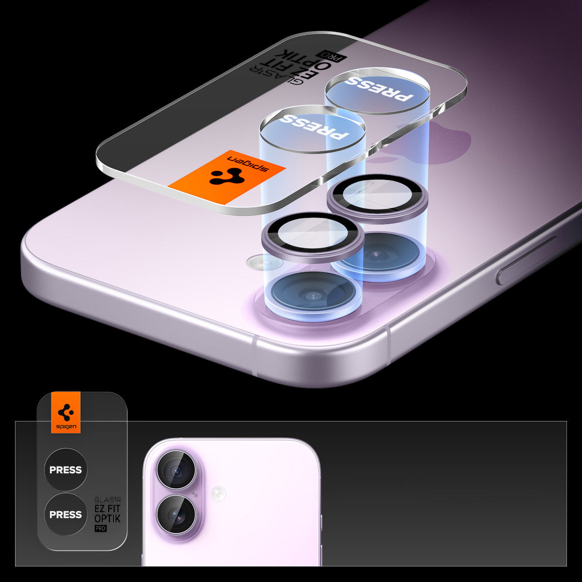 Glas für die Kamera Spigen Glas.tR EZ Fit Optik Pro 2-Pack für iPhone 17 / 16 Plus / 16, Schwarz-Violett