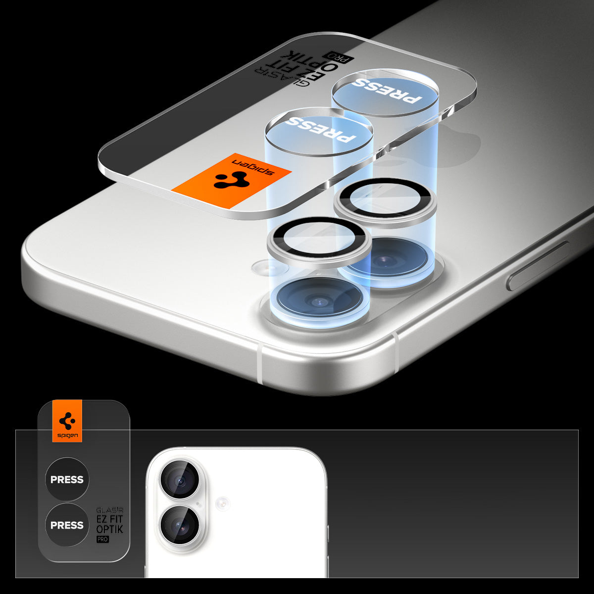Glas für die Kamera Spigen Glas.tR EZ Fit Optik Pro 2-Pack für iPhone 17 / 16 Plus / 16, Schwarz-Silbern