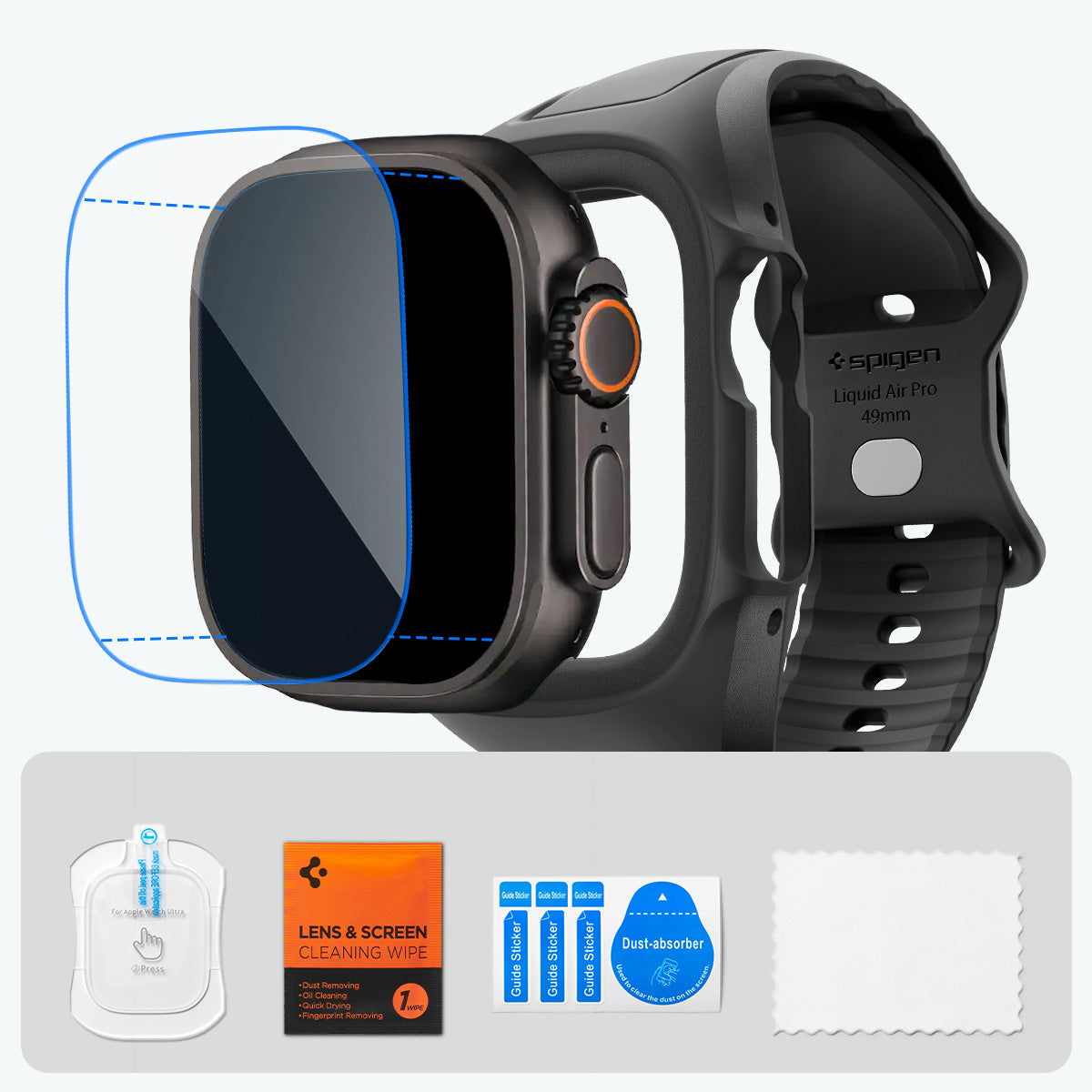 Hülle mit einem Armband + Glas für Apple Watch Ultra 3 / 2 / 1 (49 mm), Spigen Liquid Air Pro SP, Schwarz