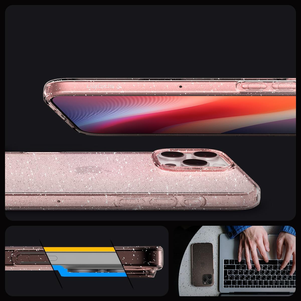 Handyhülle für iPhone 16 Pro, Spigen Liquid Crystal Glitter, Rosa mit Glitzer