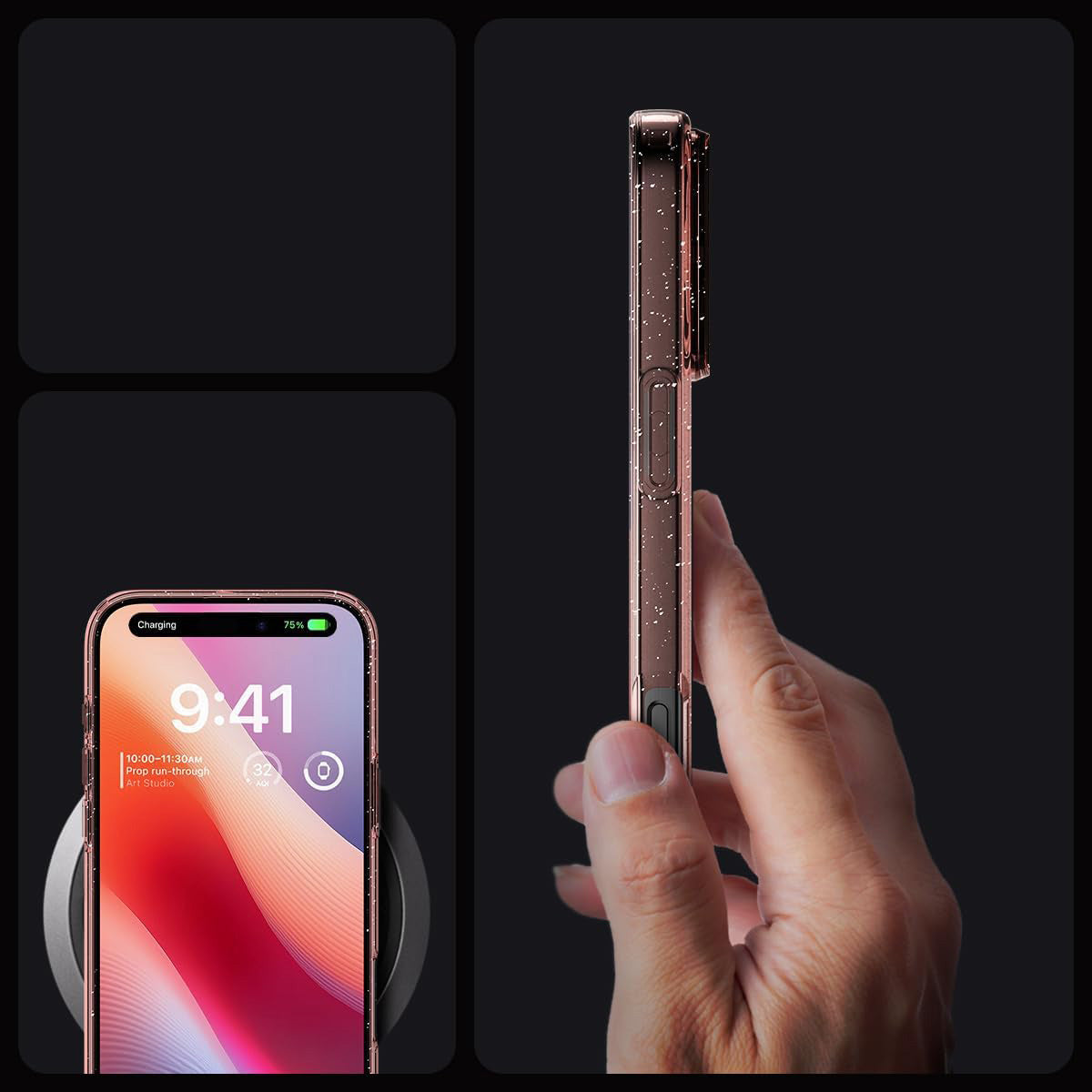 Handyhülle für iPhone 16 Pro, Spigen Liquid Crystal Glitter, Rosa mit Glitzer