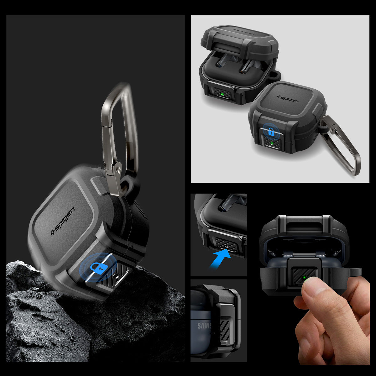 Hülle für Galaxy Buds 4 / 4 Pro, Spigen Lock Fit, Matt Schwarz