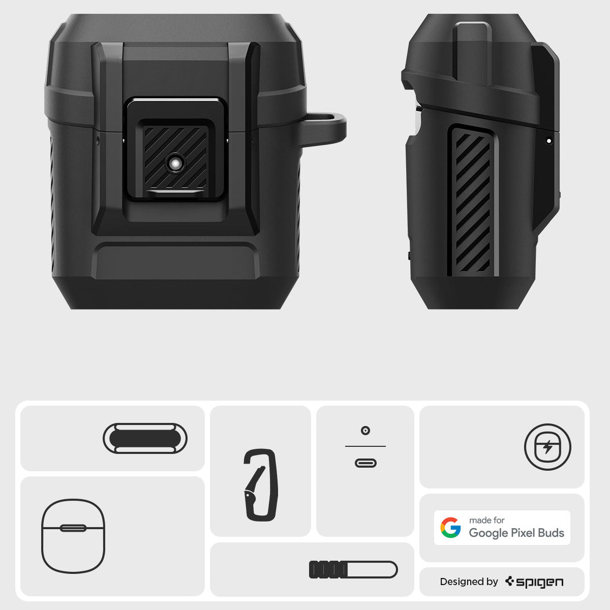Hülle für Google Pixel Buds 2a, Spigen Lock Fit, Matt Schwarz