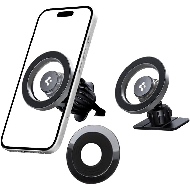 Magnetische Autohalterung für Handy zur Befestigung am Armaturenbrett oder Lüftungsgitter für MagSafe Spigen MFT13 Magnetic Car Mount mit Magnetplatte, Grau-Schwarz