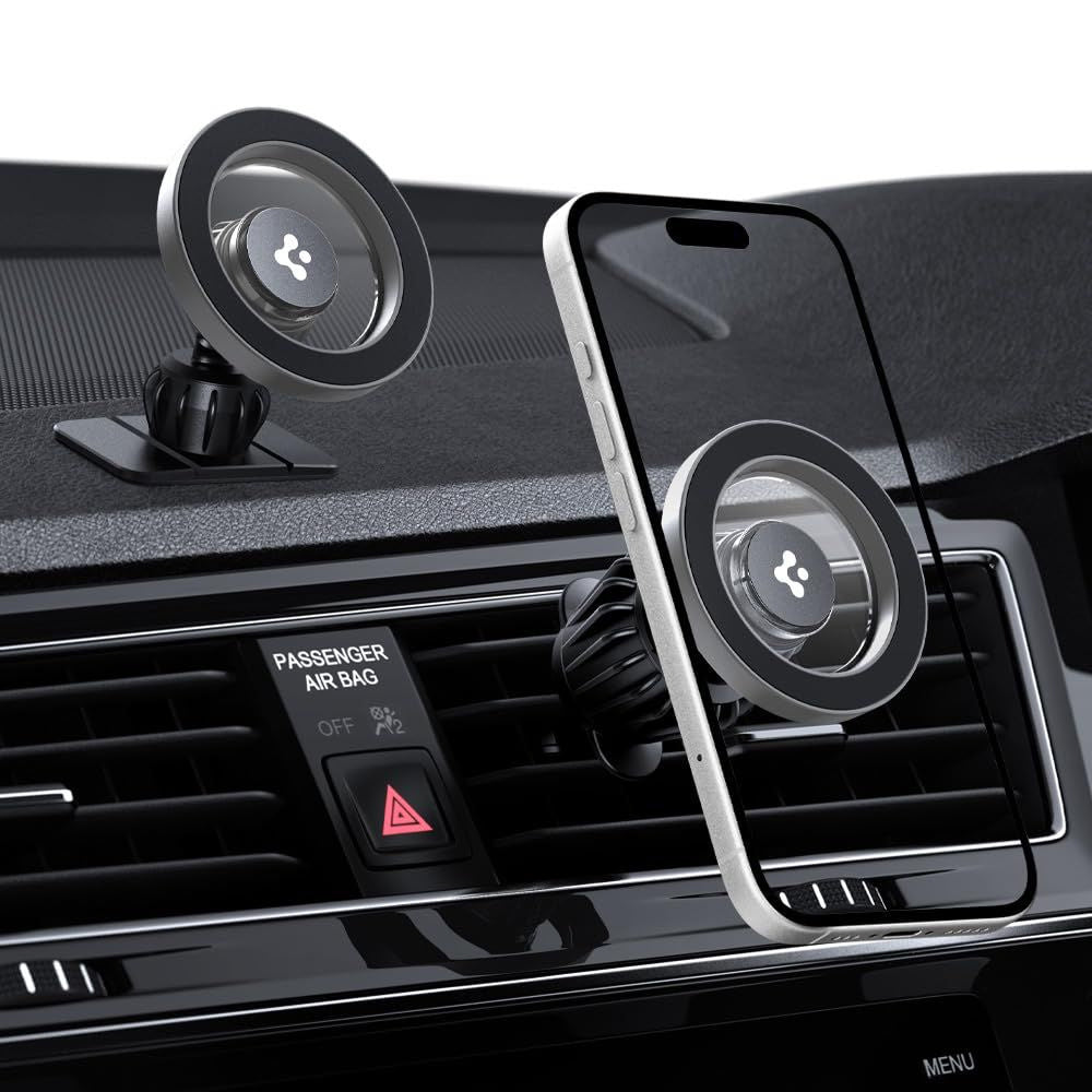 Magnetische Autohalterung für Handy zur Befestigung am Armaturenbrett oder Lüftungsgitter für MagSafe Spigen MFT13 Magnetic Car Mount mit Magnetplatte, Grau-Schwarz