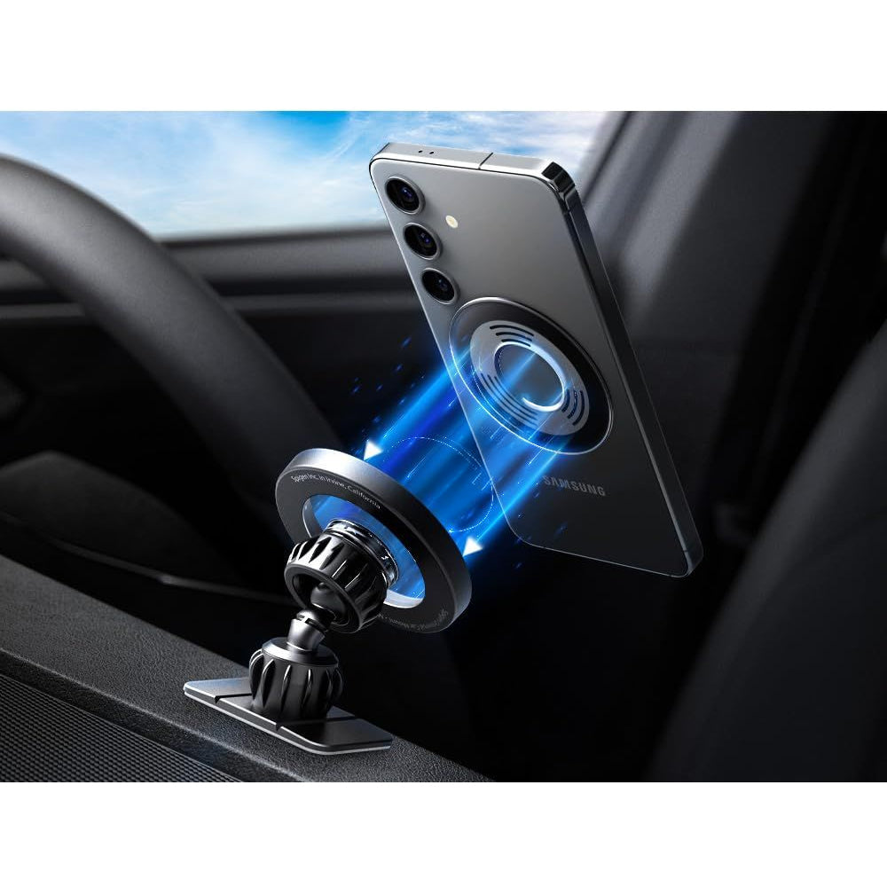 Magnetische Autohalterung für Handy zur Befestigung am Armaturenbrett oder Lüftungsgitter für MagSafe Spigen MFT13 Magnetic Car Mount mit Magnetplatte, Grau-Schwarz