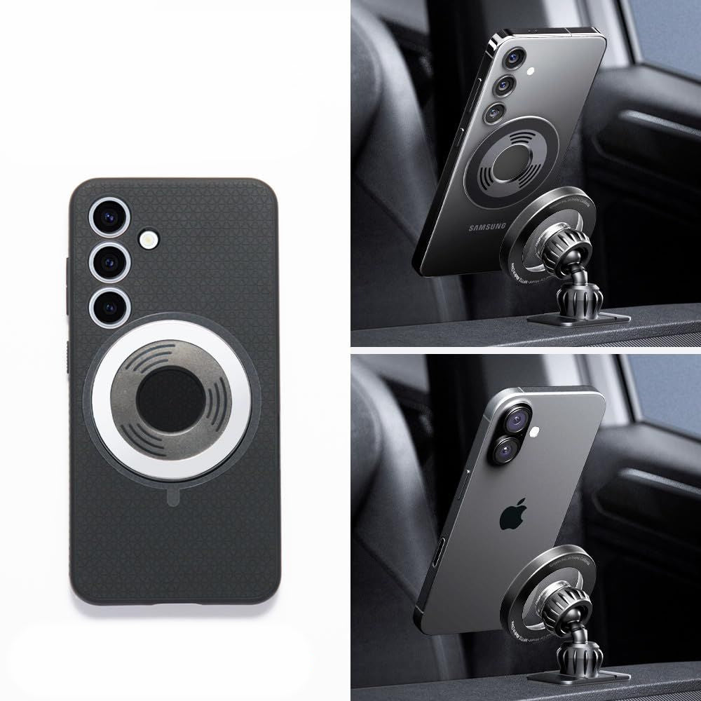 Magnetische Autohalterung für Handy zur Befestigung am Armaturenbrett oder Lüftungsgitter für MagSafe Spigen MFT13 Magnetic Car Mount mit Magnetplatte, Grau-Schwarz
