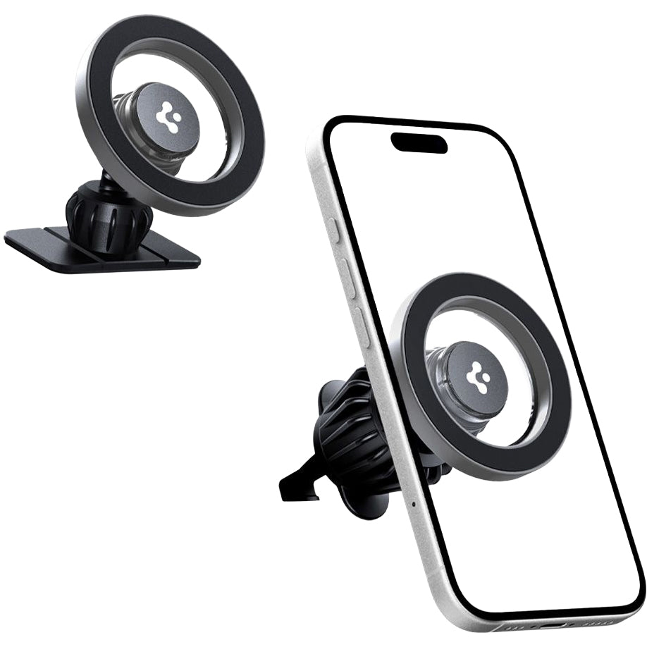 Magnetische Autohalterung für Handy zur Befestigung am Armaturenbrett oder Lüftungsgitter für MagSafe Spigen MFT13 Magnetic Car Mount mit Magnetplatte, Grau-Schwarz