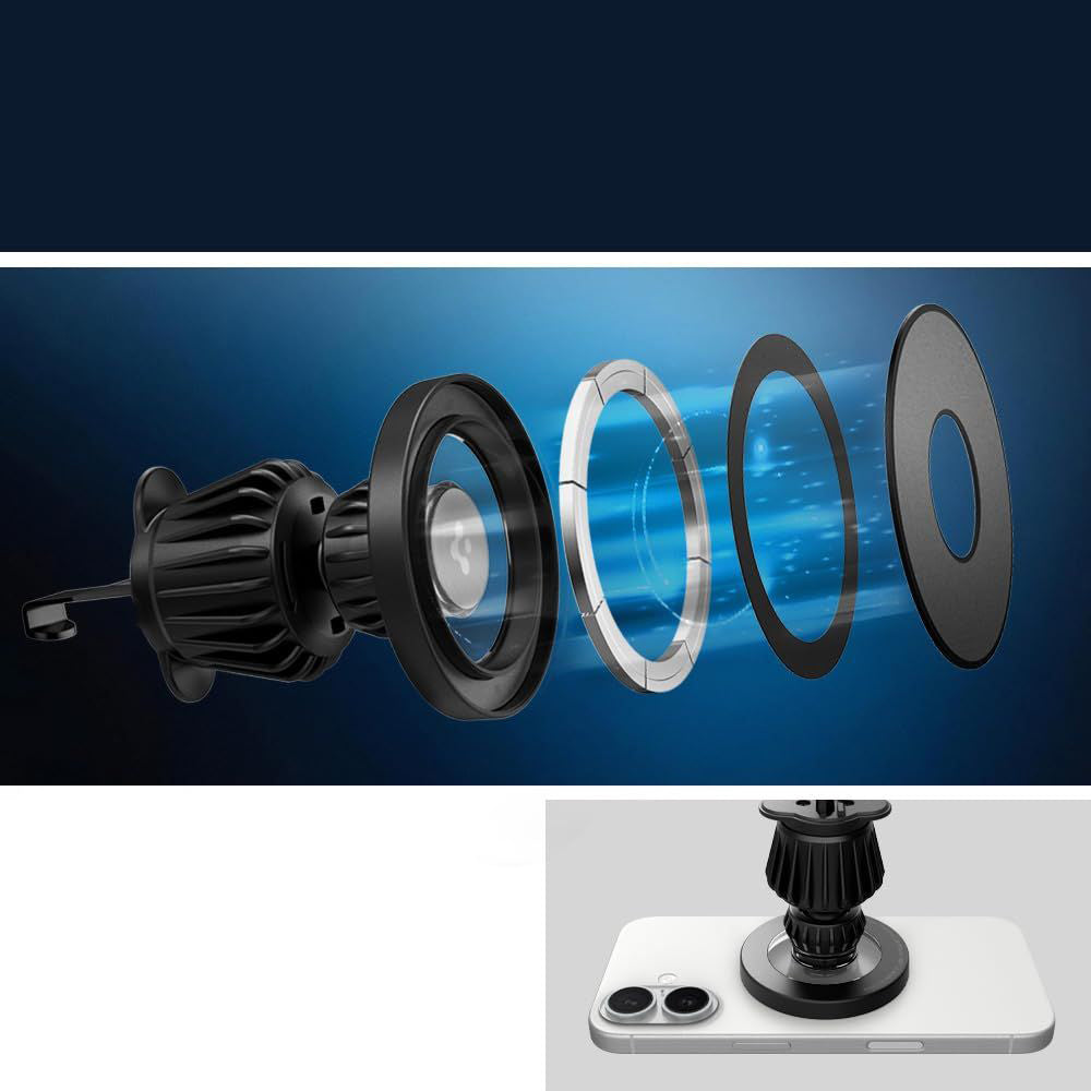 Magnetische Autohalterung für Handy zur Befestigung am Armaturenbrett oder Lüftungsgitter für MagSafe Spigen MFT13 Magnetic Car Mount mit Magnetplatte, Schwarz
