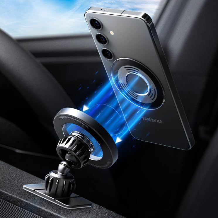Magnetische Autohalterung für Handy zur Befestigung am Armaturenbrett oder Lüftungsgitter für MagSafe Spigen MFT13 Magnetic Car Mount mit Magnetplatte, Schwarz