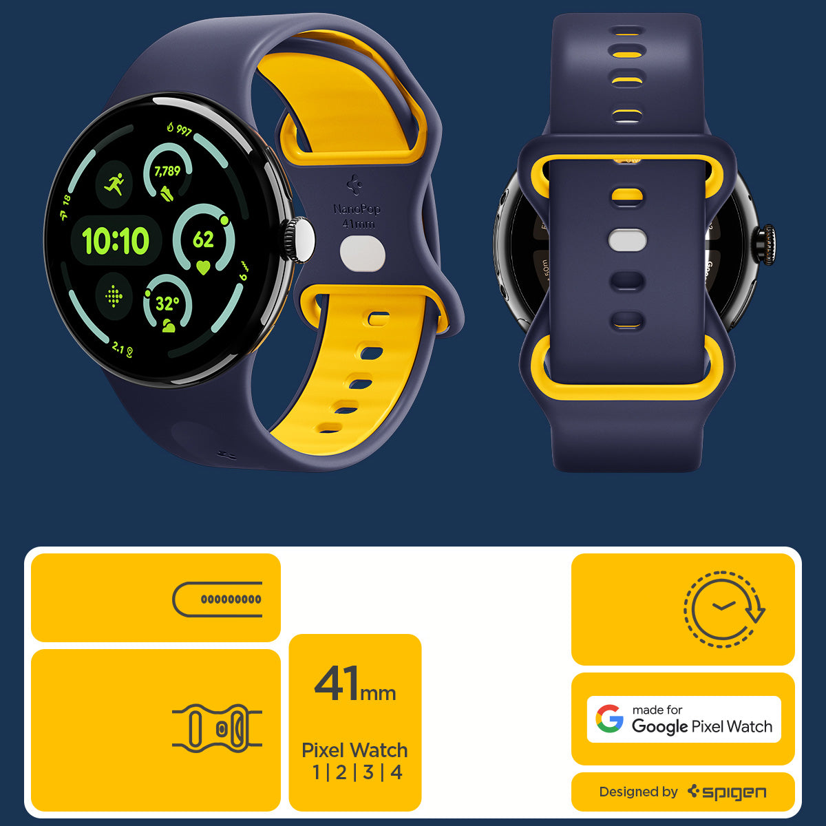 Armband für Pixel Watch 4/3/2/1 (41 mm), Spigen Nano Pop, Dunkelblau-Gelb