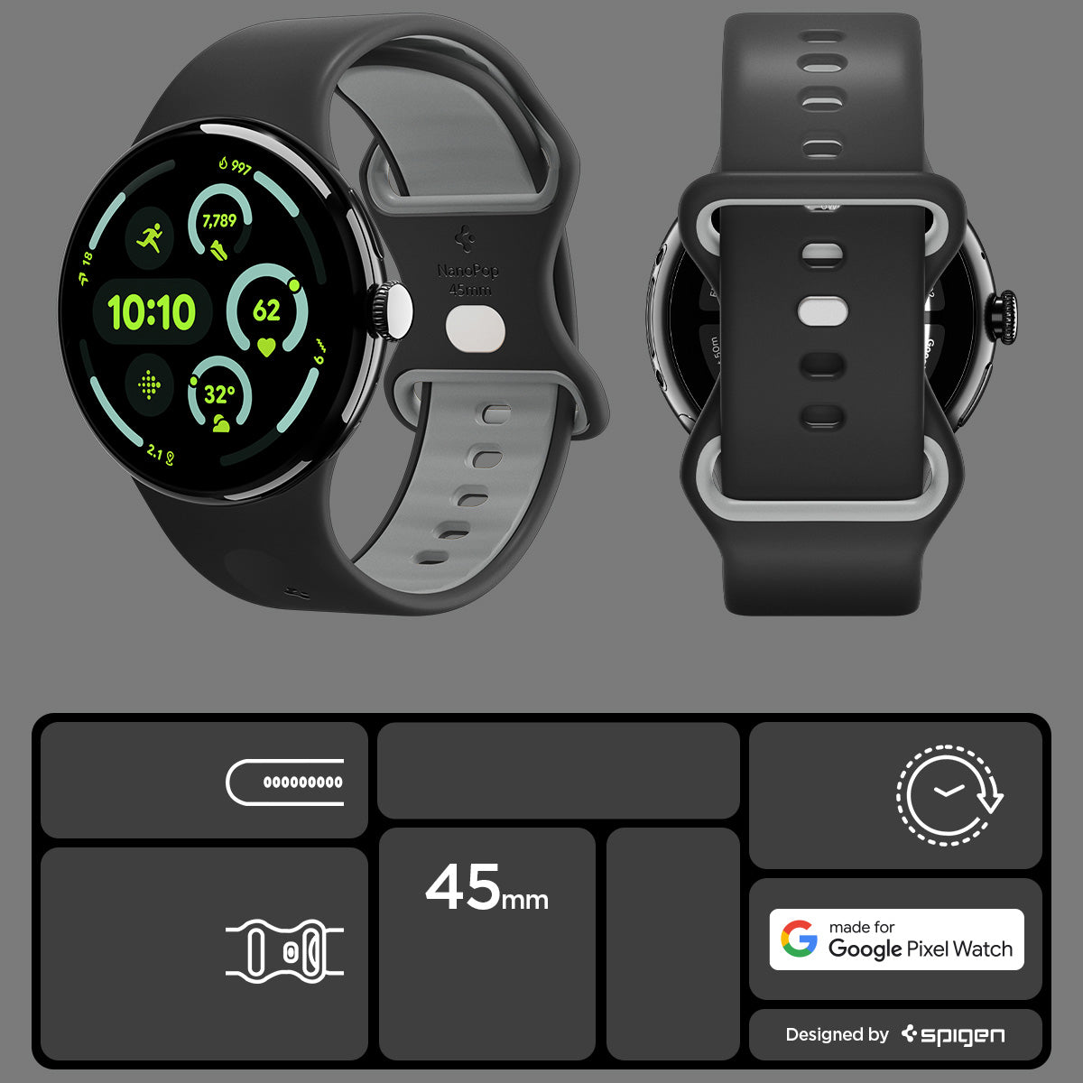 Armband für Pixel Watch 4/3 (45 mm), Spigen Nano Pop, Schwarz-Grau