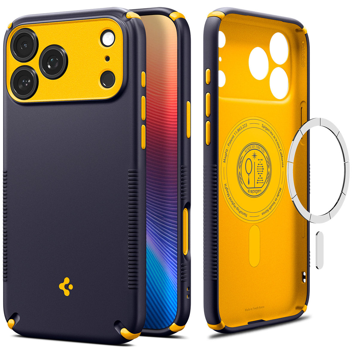 Handyhülle für iPhone 18 Pro, Spigen Nano Pop Hybrid Mag mit MagSafe, Dunkelblau-Gelb (1/15)