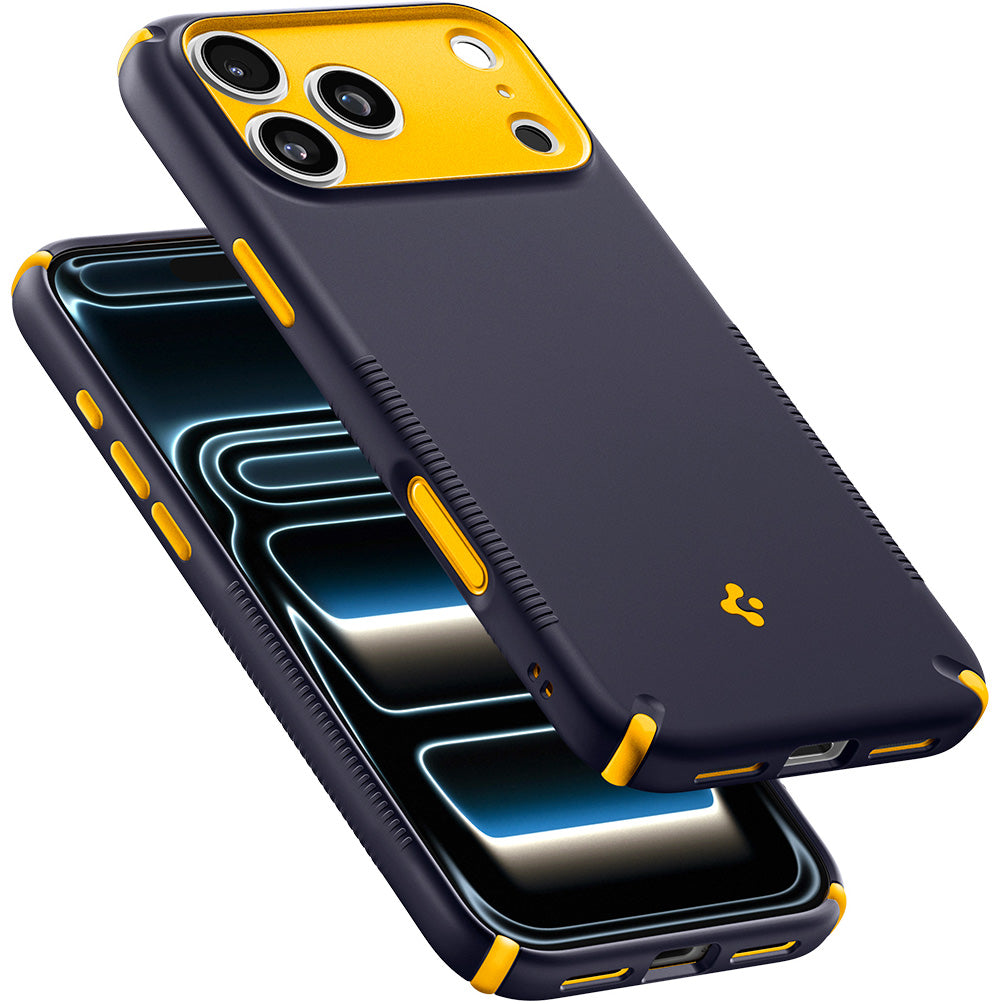 Handyhülle für iPhone 18 Pro, Spigen Nano Pop Hybrid Mag mit MagSafe, Dunkelblau-Gelb (8/15)