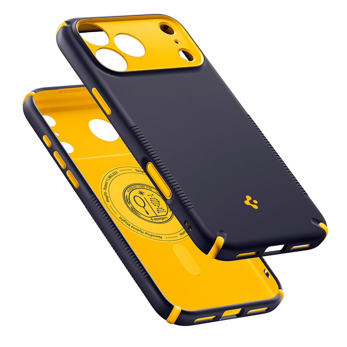 Handyhülle für iPhone 18 Pro, Spigen Nano Pop Hybrid Mag mit MagSafe, Dunkelblau-Gelb (9/15)