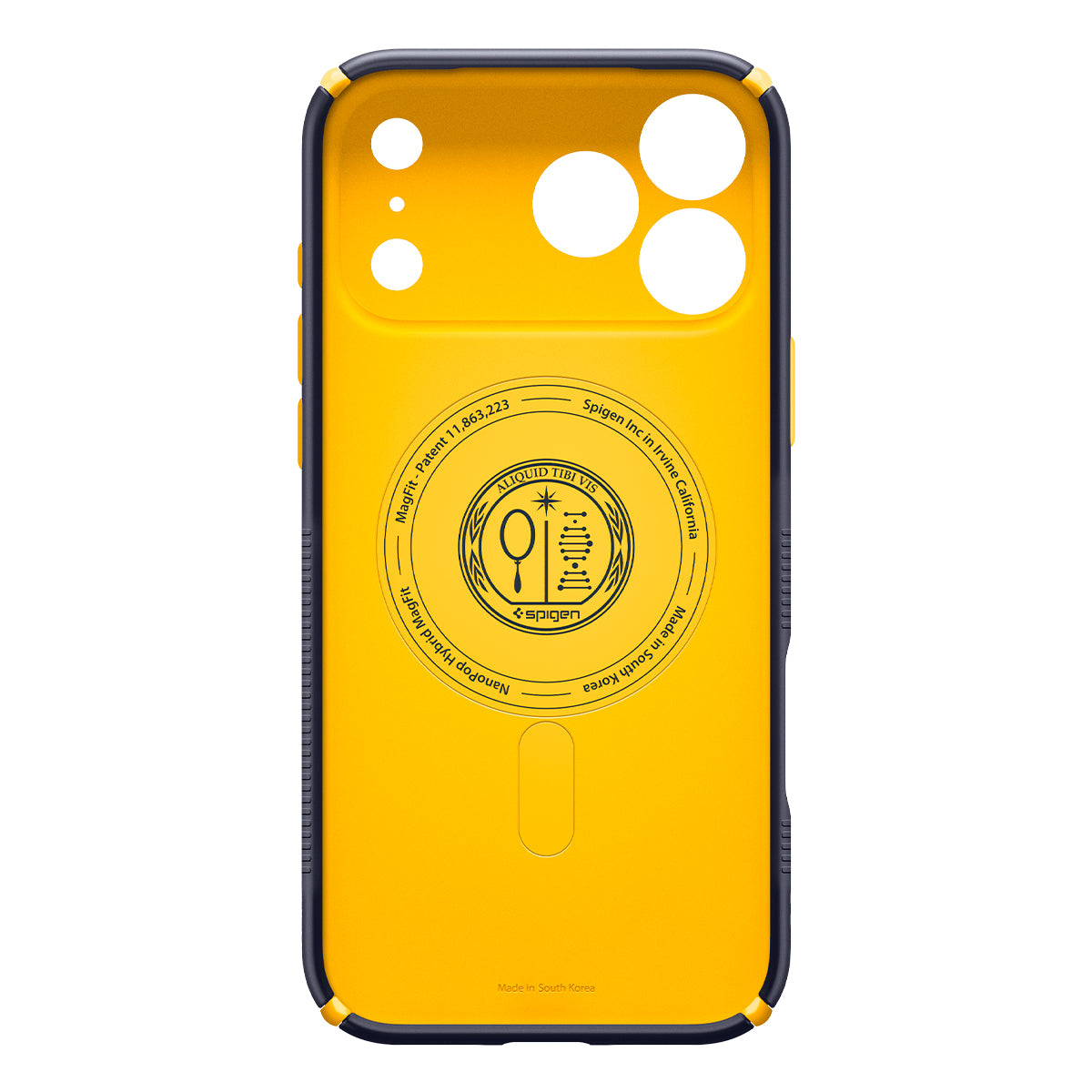 Handyhülle für iPhone 18 Pro, Spigen Nano Pop Hybrid Mag mit MagSafe, Dunkelblau-Gelb (12/15)