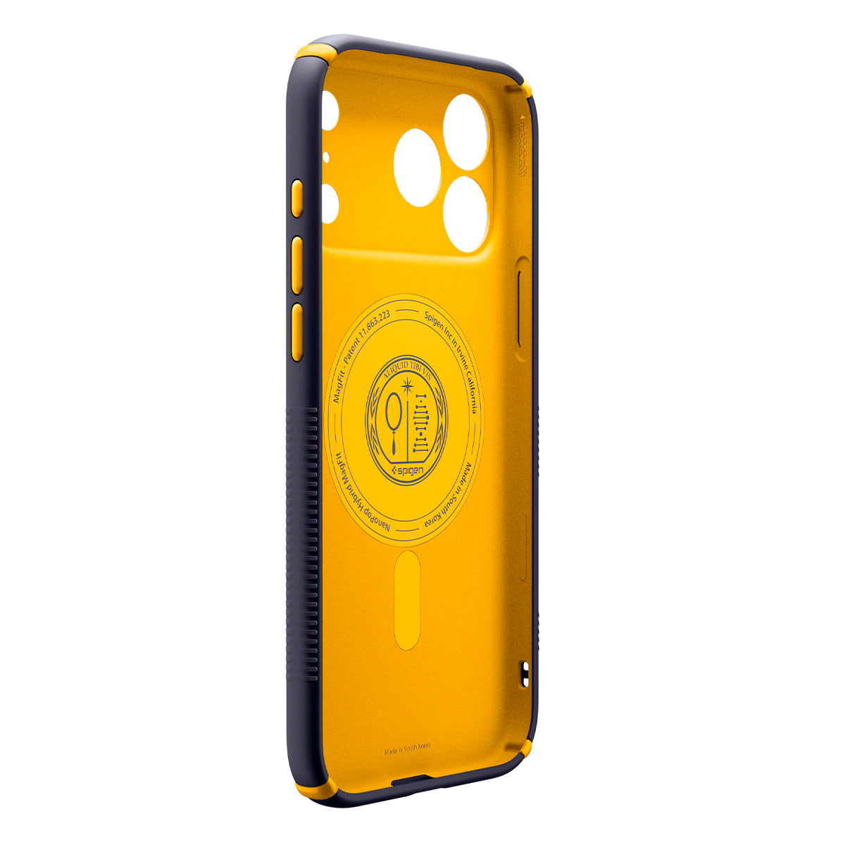 Handyhülle für iPhone 18 Pro, Spigen Nano Pop Hybrid Mag mit MagSafe, Dunkelblau-Gelb (13/15)