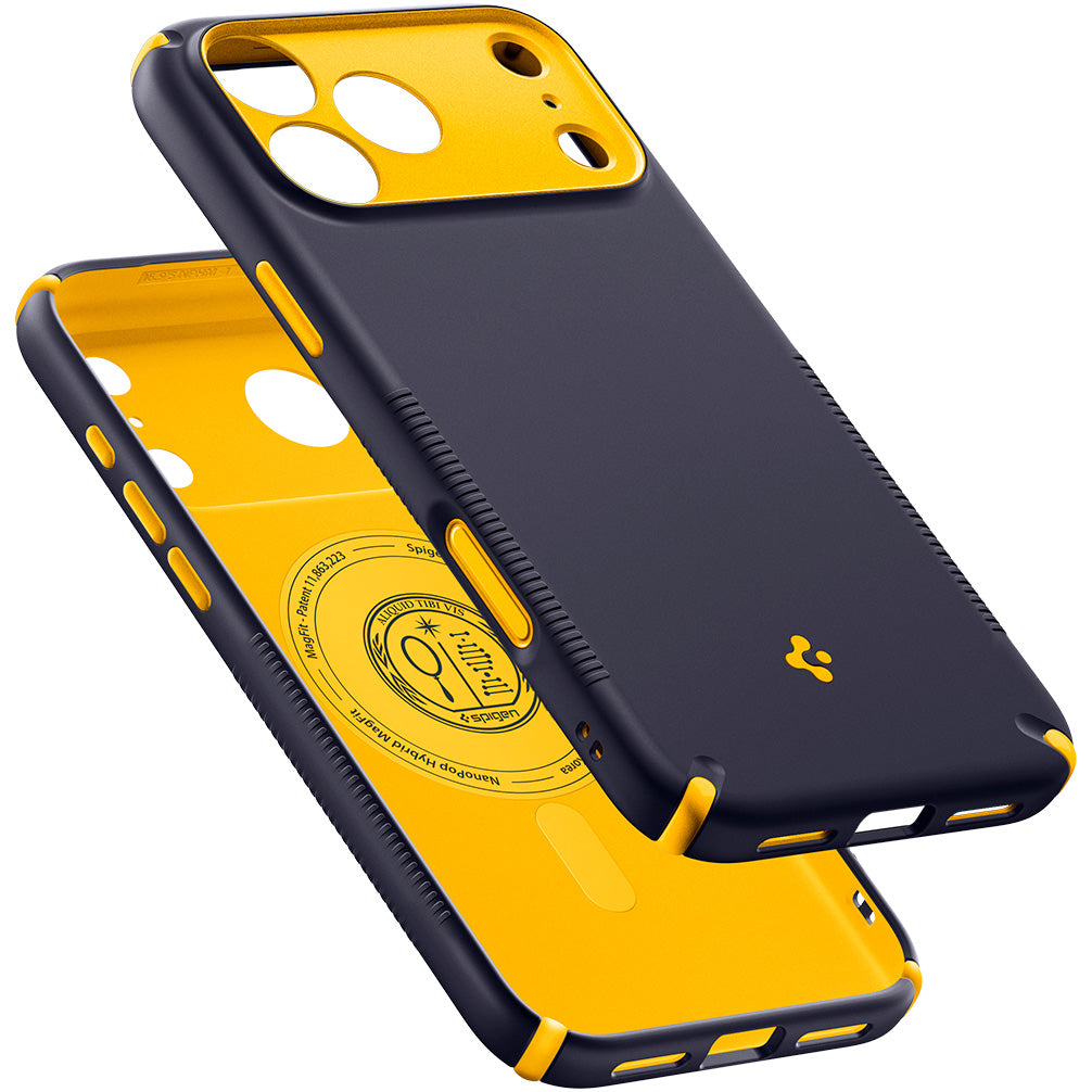 Handyhülle für iPhone 18 Pro Max, Spigen Nano Pop Hybrid Mag mit MagSafe, Dunkelblau-Gelb (9/16)